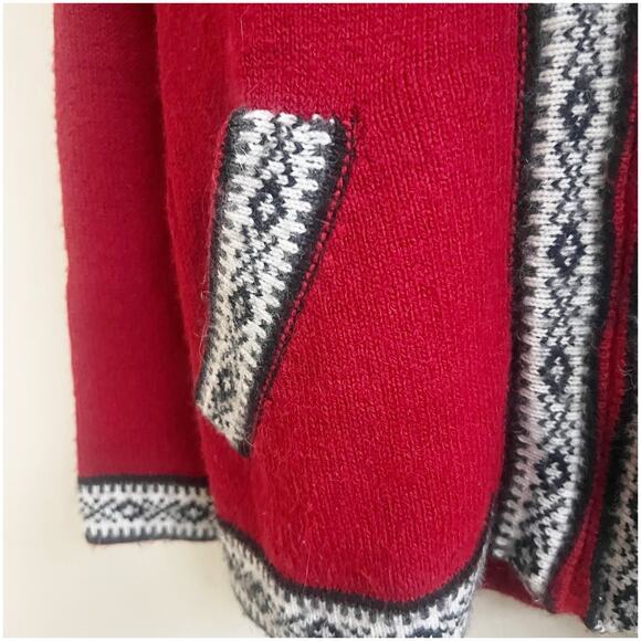 Fine Alpaca Zip Up Hooded Sweater Fair Isle Print Red Multi Size Medium Nordic - Picture 7 of 10